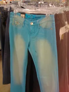 Wow. NEON BLUE jeans. Flashback to 2001, no? You know, I bet Tara Reid would still wear these, paired with a baby-t